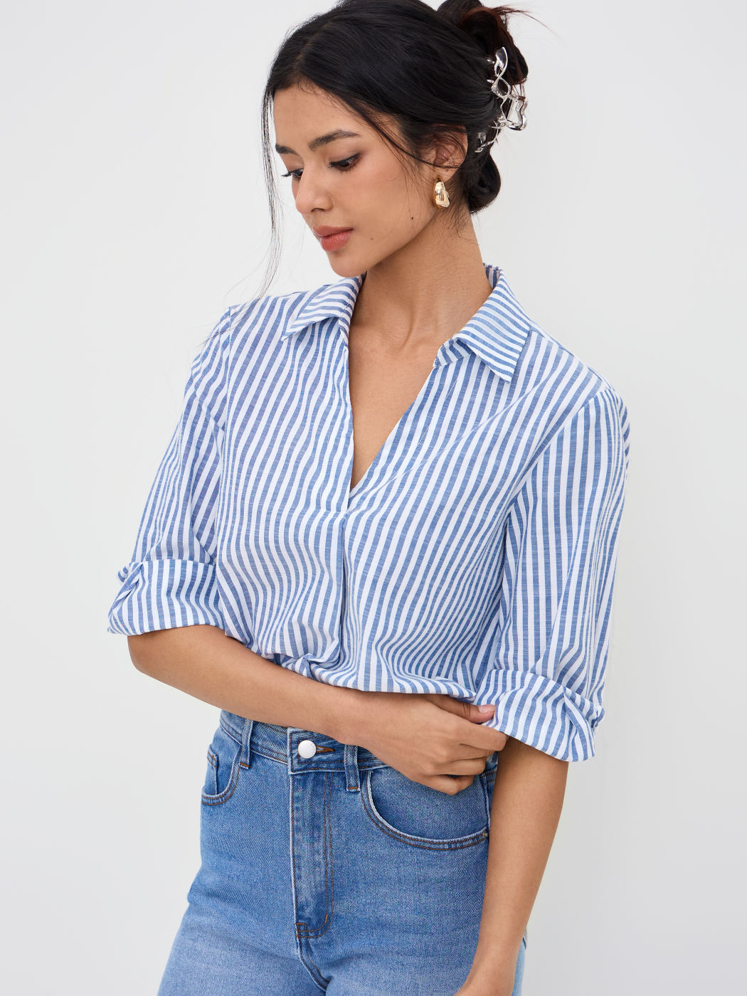 Cotton-blend Polo Neck Stripe Bodysuit