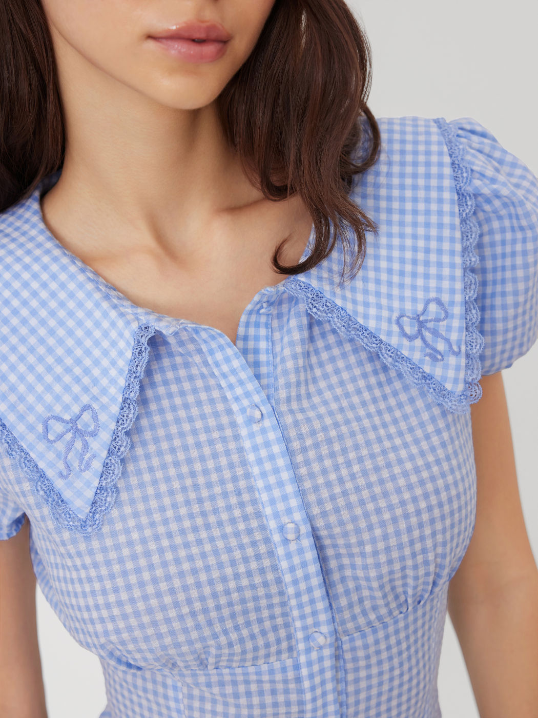 Cotton-blend Peter Pan Collar Gingham Lace Trim Puff Sleeve Blouses