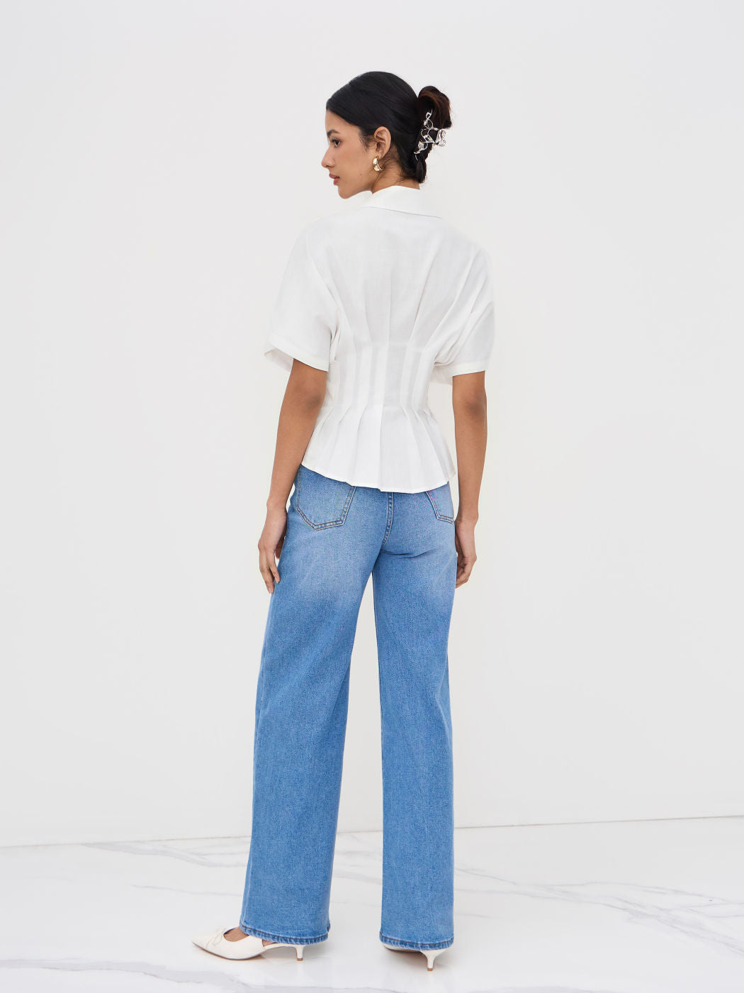 Linen-blend Collar V-neck Pleated Short Sleeve Shirt