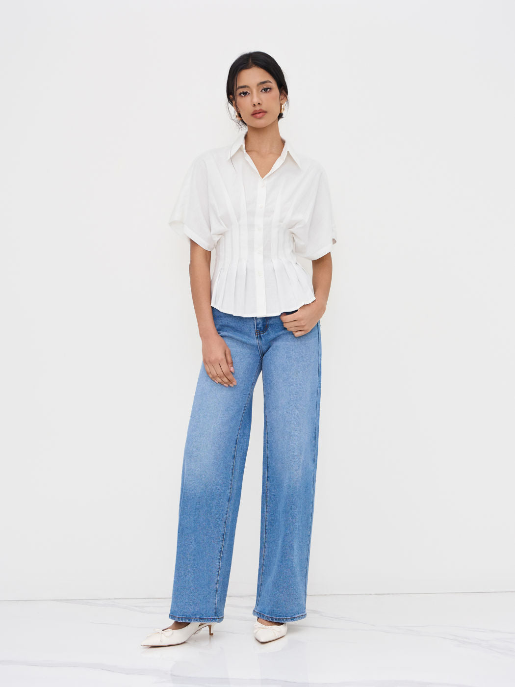 Linen-blend Collar V-neck Pleated Short Sleeve Shirt