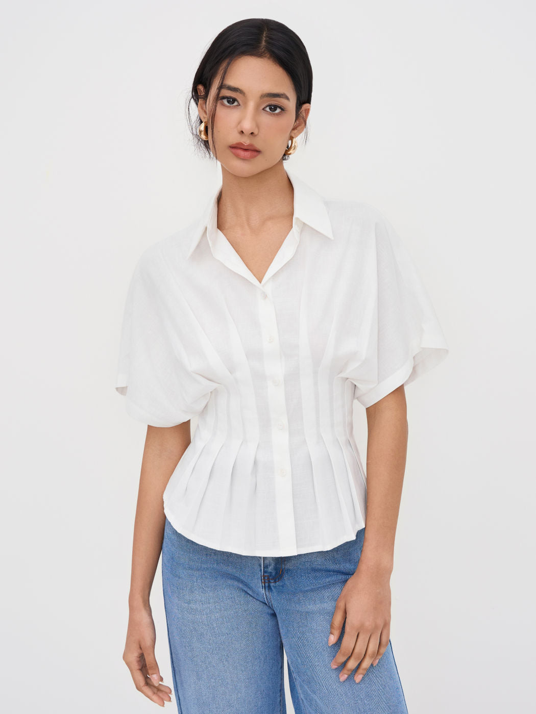 Linen-blend Collar V-neck Pleated Short Sleeve Shirt