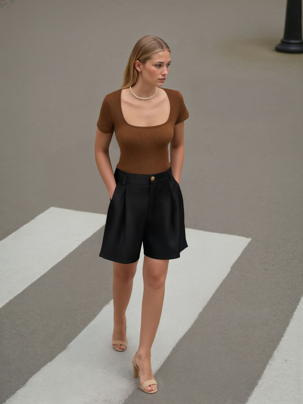 Mid Rise Solid Button Pocket Shorts