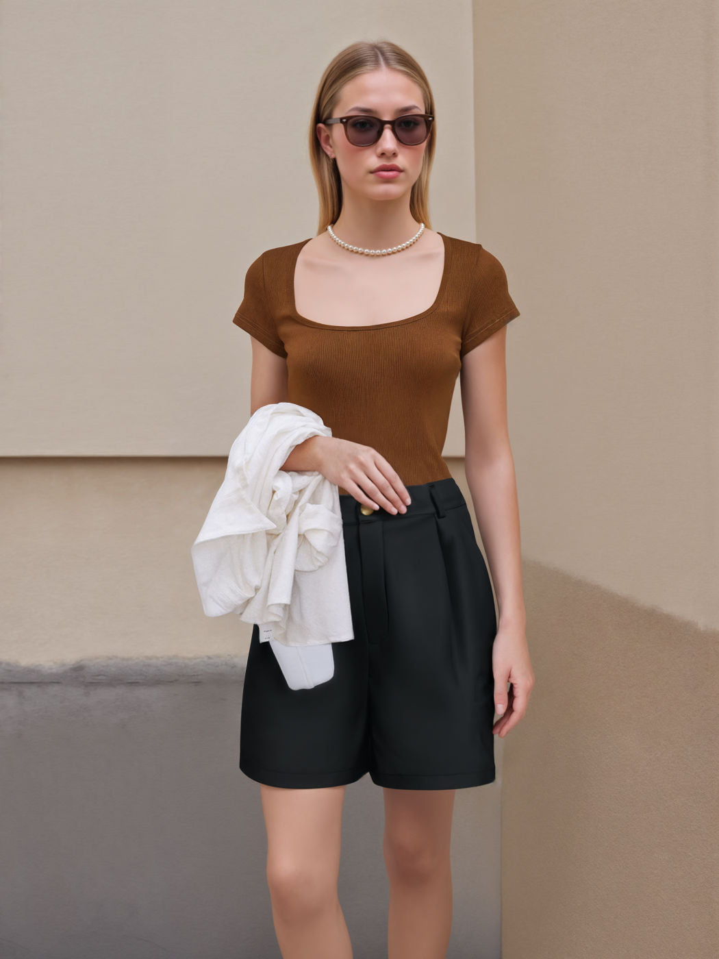 Mid Rise Solid Button Pocket Shorts