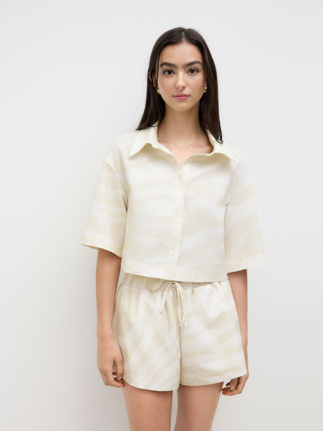 Linen-blend Polo Neck Zebra Stripe Oversized Shirt