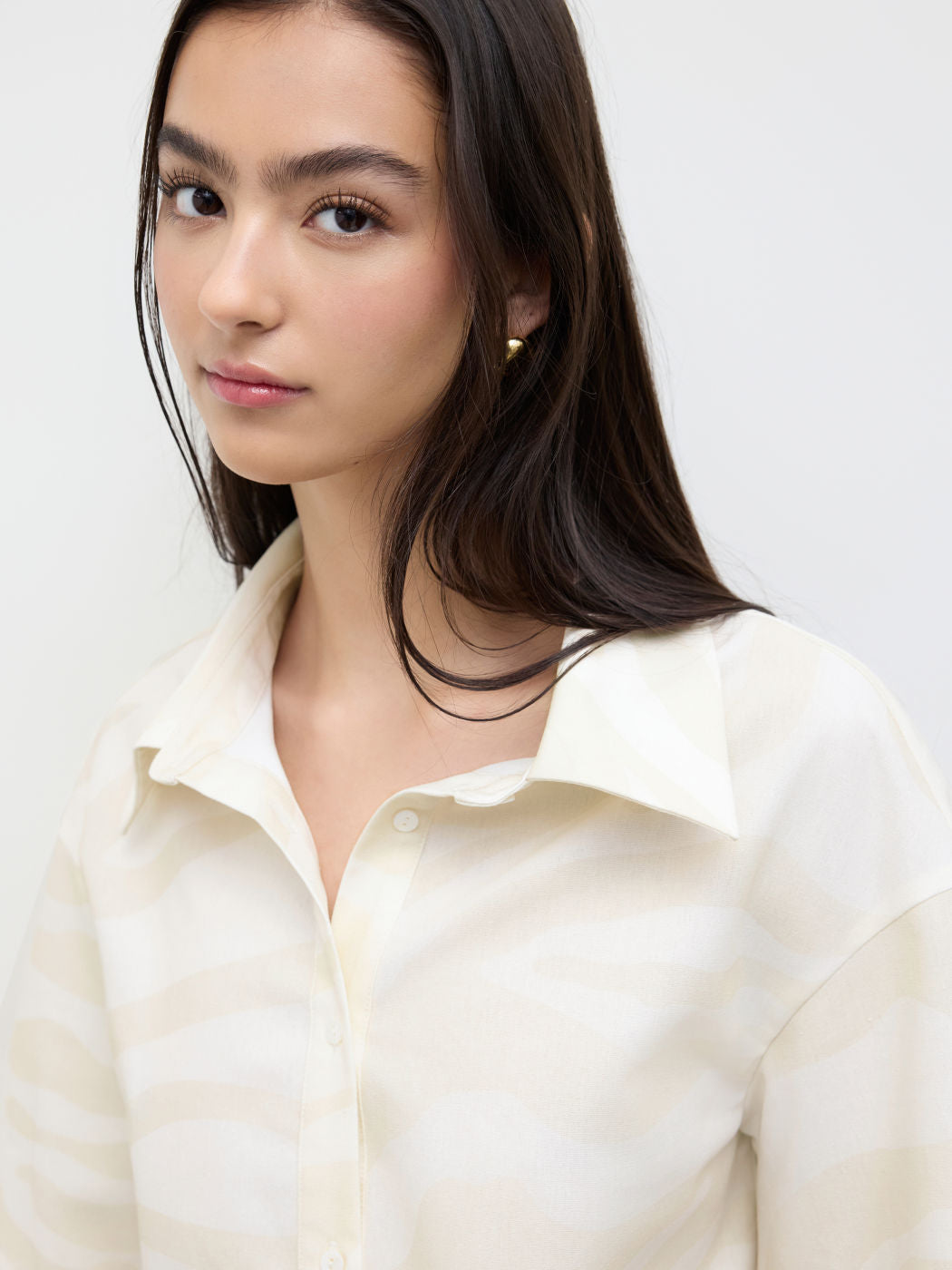 Linen-blend Polo Neck Zebra Stripe Oversized Shirt