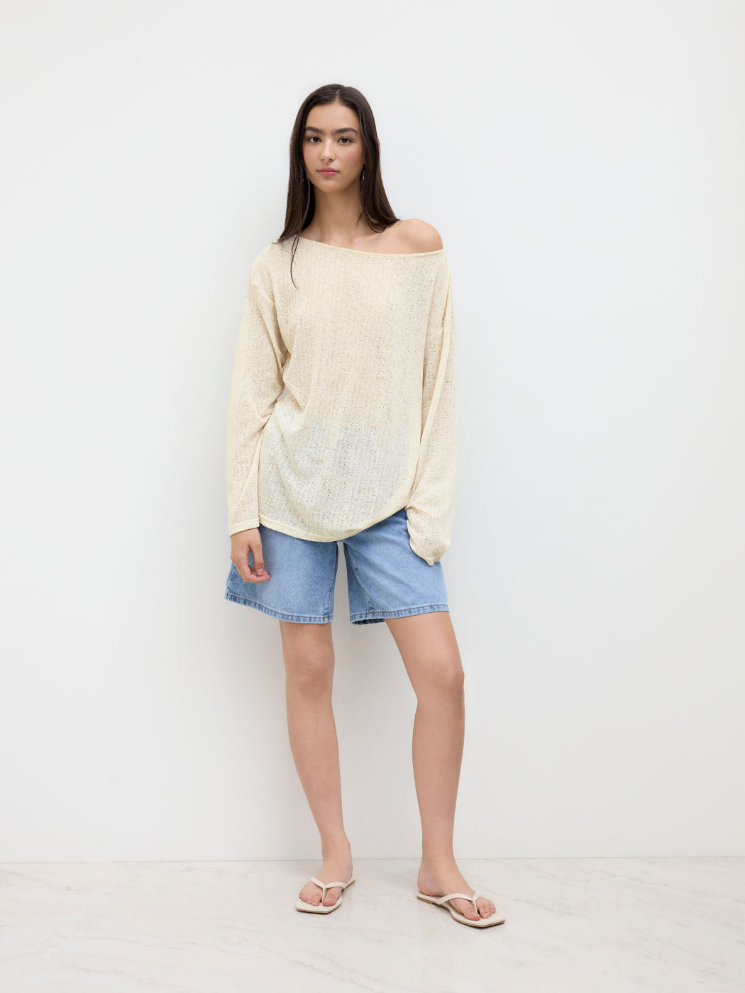Linen-blend Boat Neck Oversized Long Sleeve Top