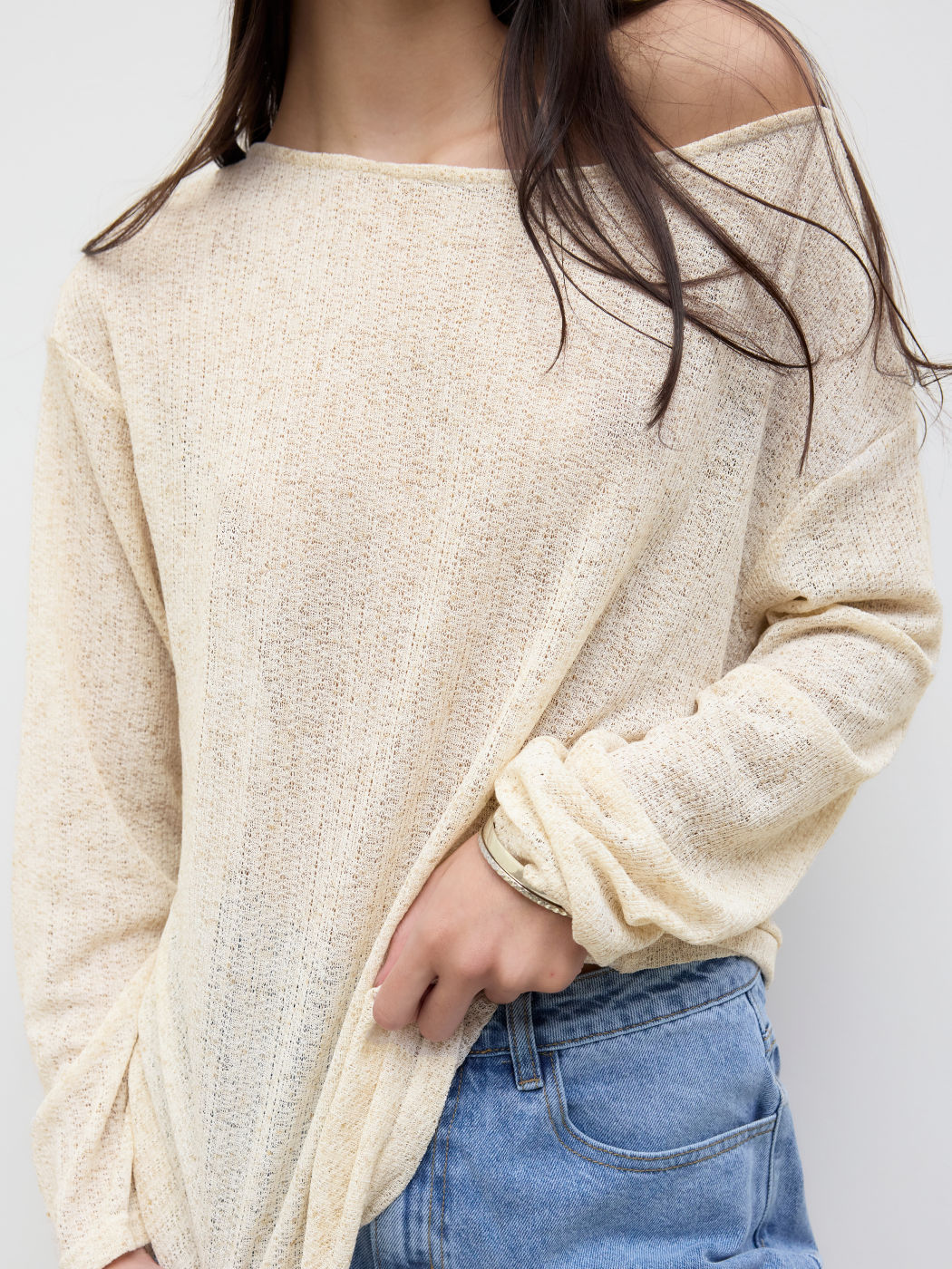 Linen-blend Boat Neck Oversized Long Sleeve Top