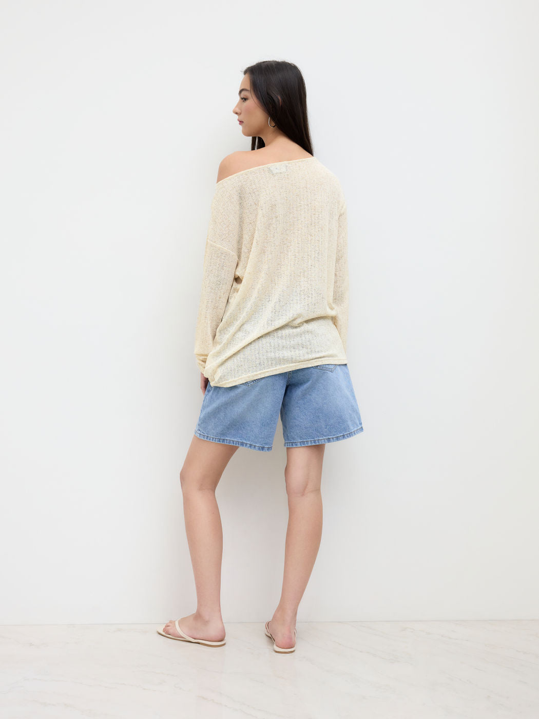 Linen-blend Boat Neck Oversized Long Sleeve Top