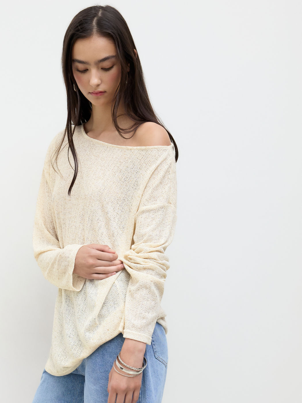Linen-blend Boat Neck Oversized Long Sleeve Top