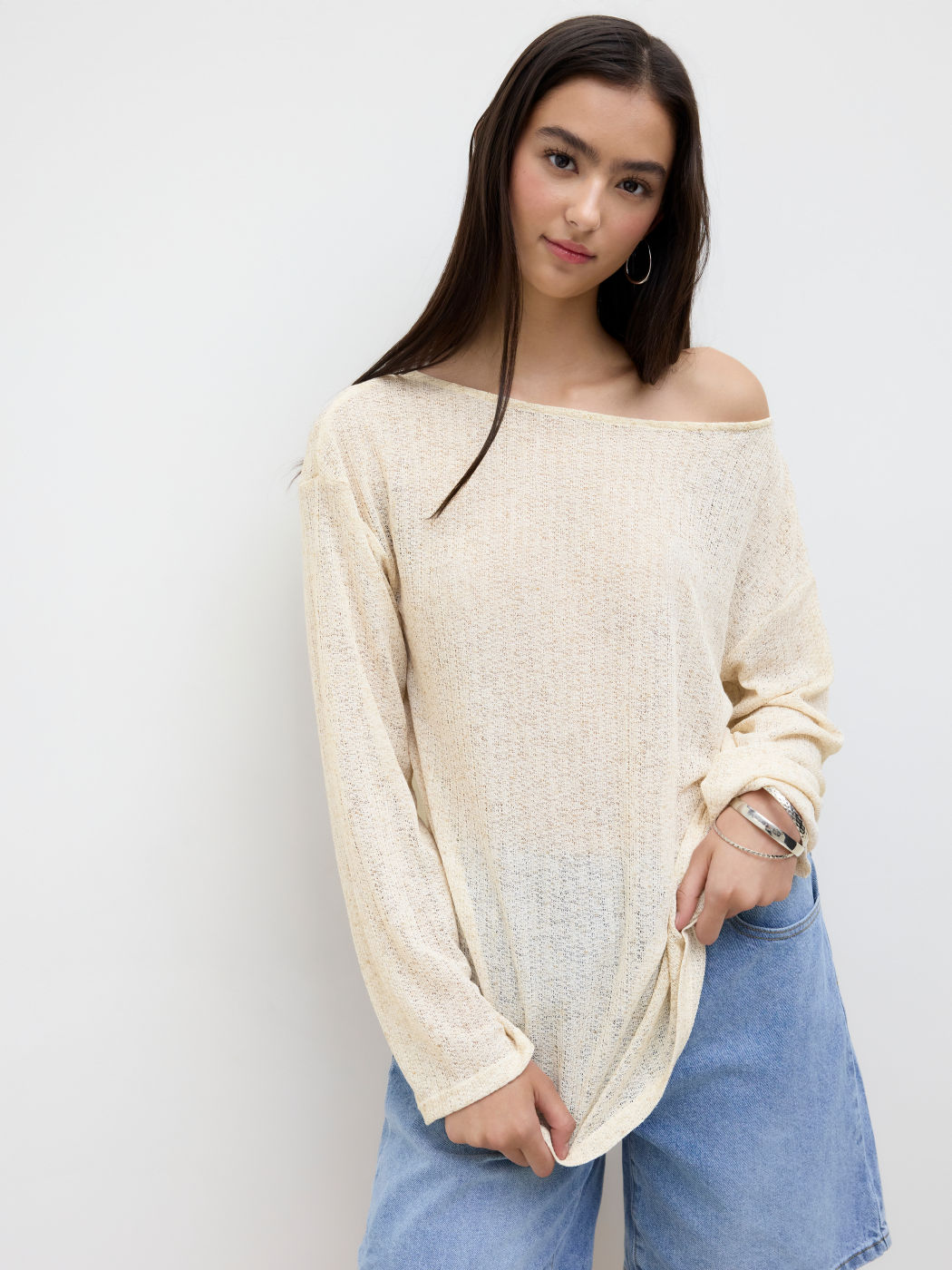 Linen-blend Boat Neck Oversized Long Sleeve Top