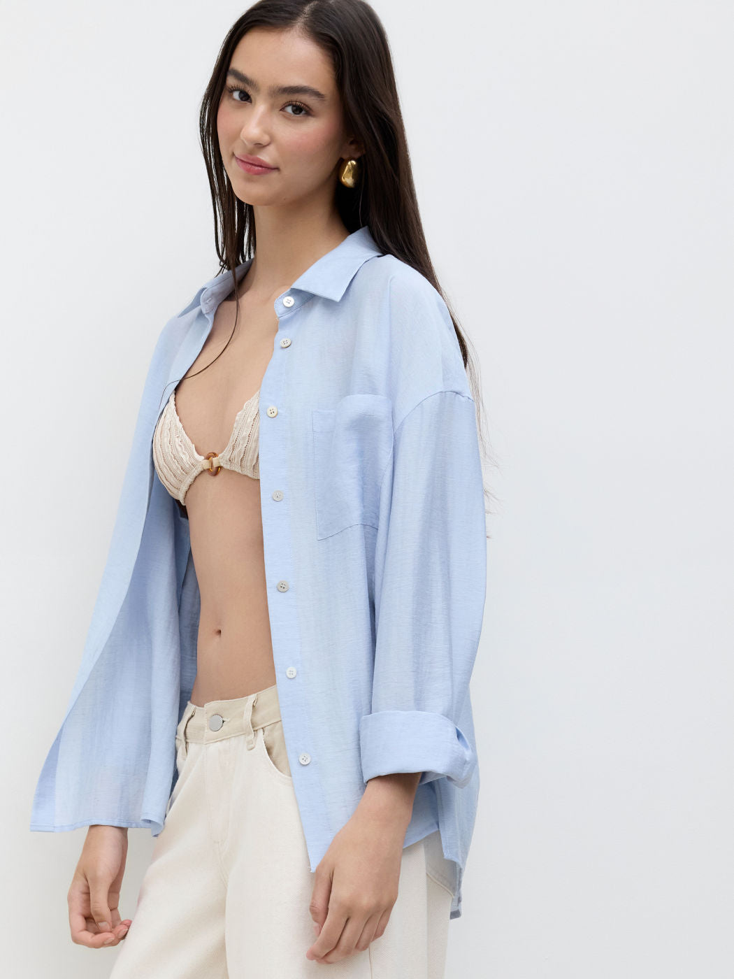 Linen-blend Polo Neck Oversized Long Sleeve Shirt