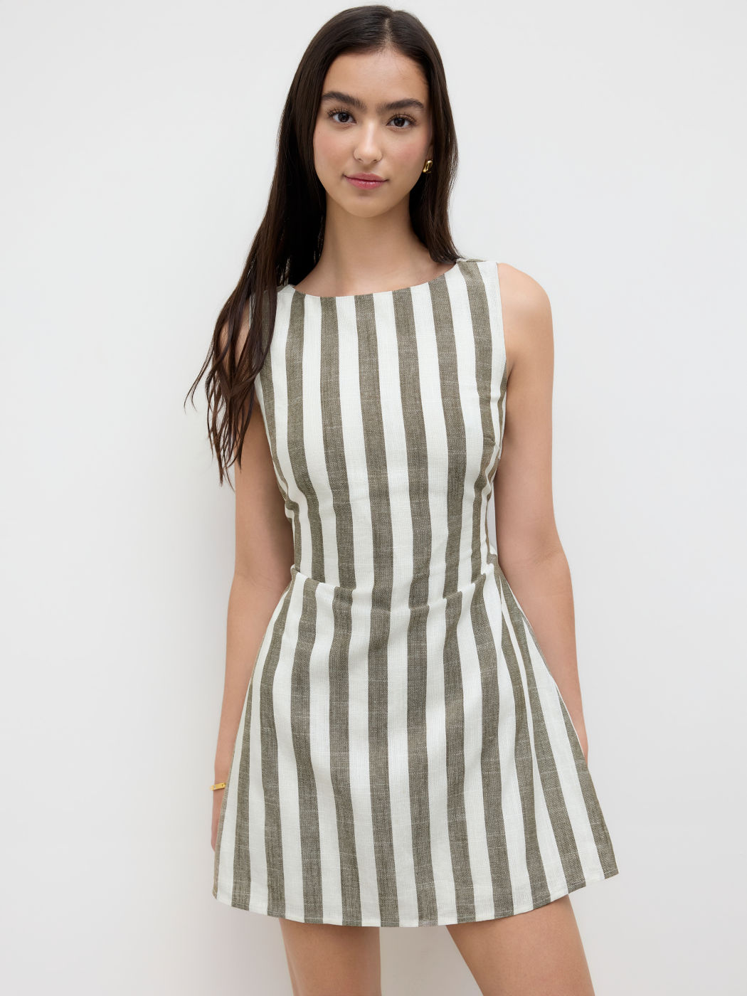 Linen-blend Two Way Boat Neck Stripe Knotted Mini Dress