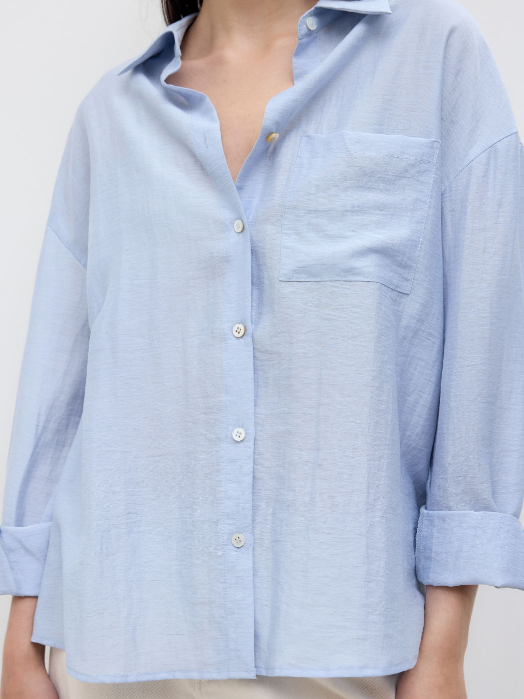 Linen-blend Polo Neck Oversized Long Sleeve Shirt