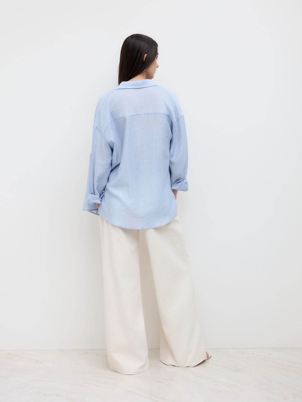 Linen-blend Polo Neck Oversized Long Sleeve Shirt