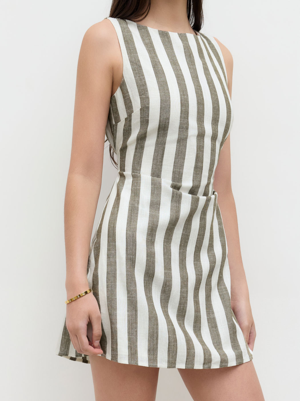 Linen-blend Two Way Boat Neck Stripe Knotted Mini Dress