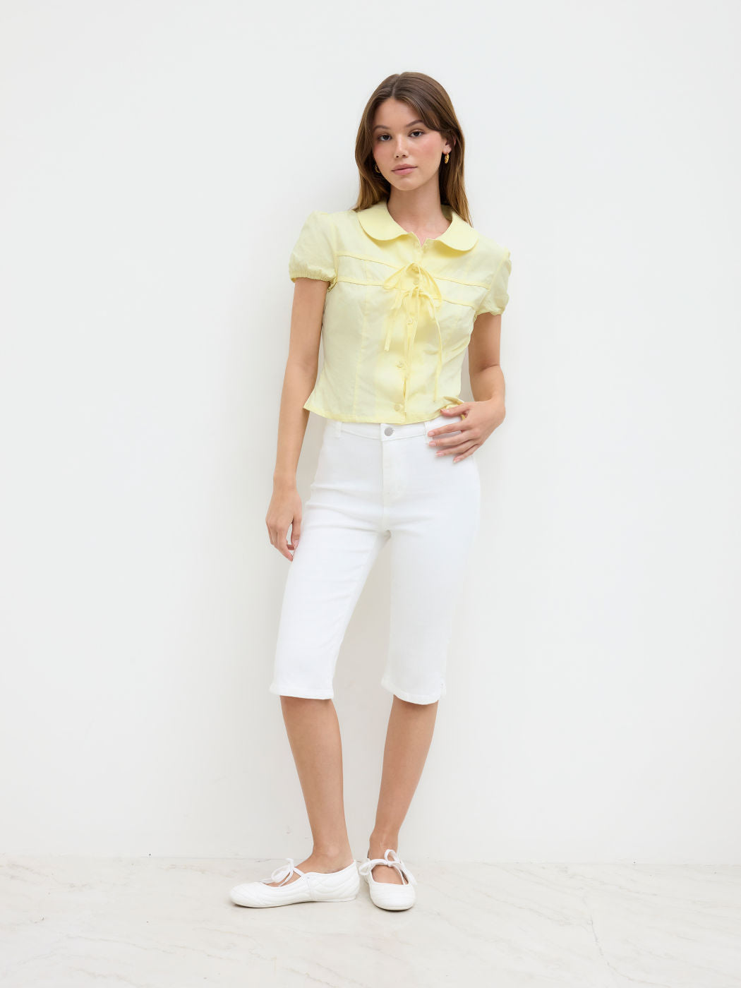 100% Cotton Peter Pan Collar Bowknot Puff Sleeve Blouse