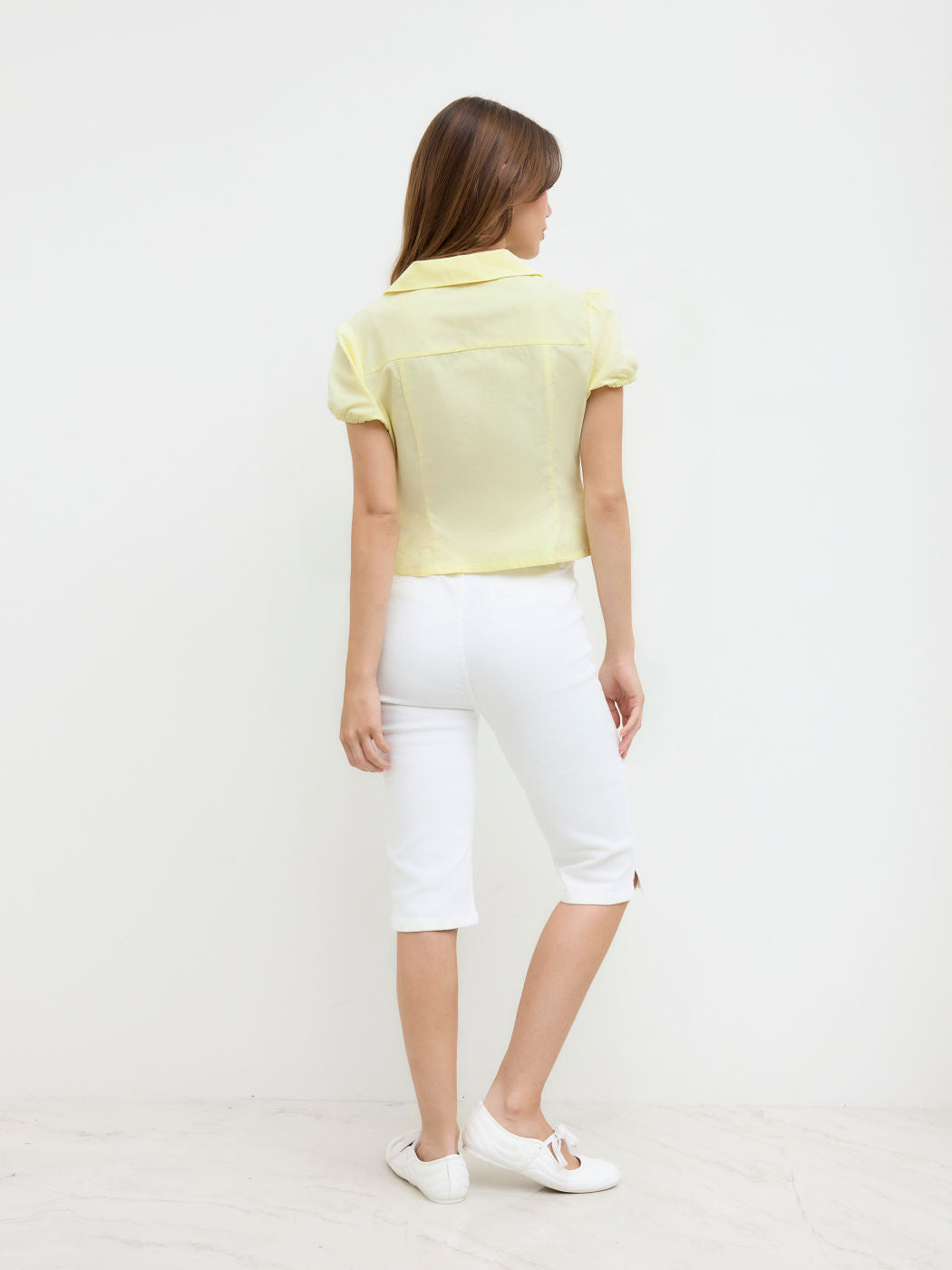100% Cotton Peter Pan Collar Bowknot Puff Sleeve Blouse