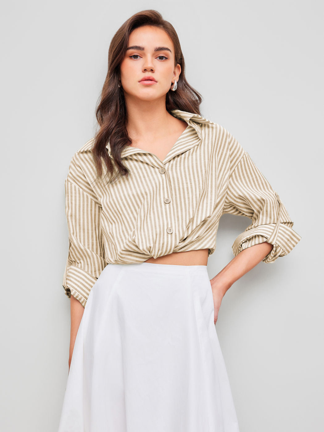 Cotton-blend Collar Striped Knotted Roll-up Long Sleeve Shirt