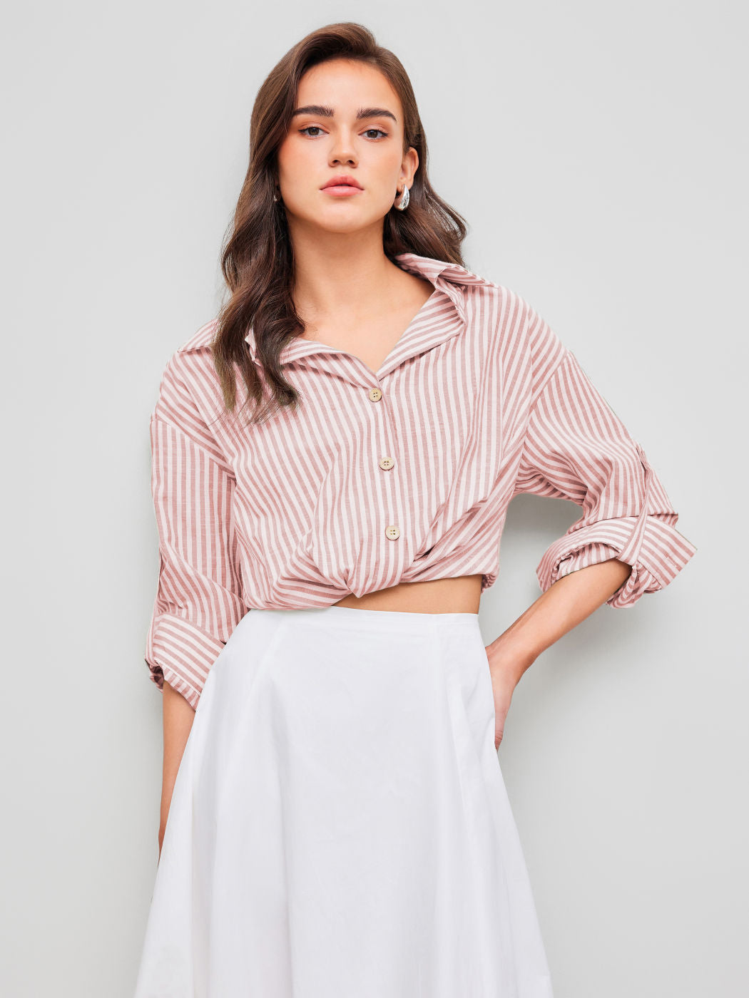 Cotton-blend Collar Striped Knotted Roll-up Long Sleeve Shirt