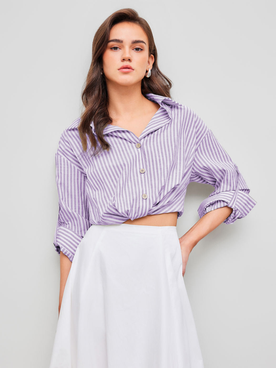 Cotton-blend Collar Striped Knotted Roll-up Long Sleeve Shirt