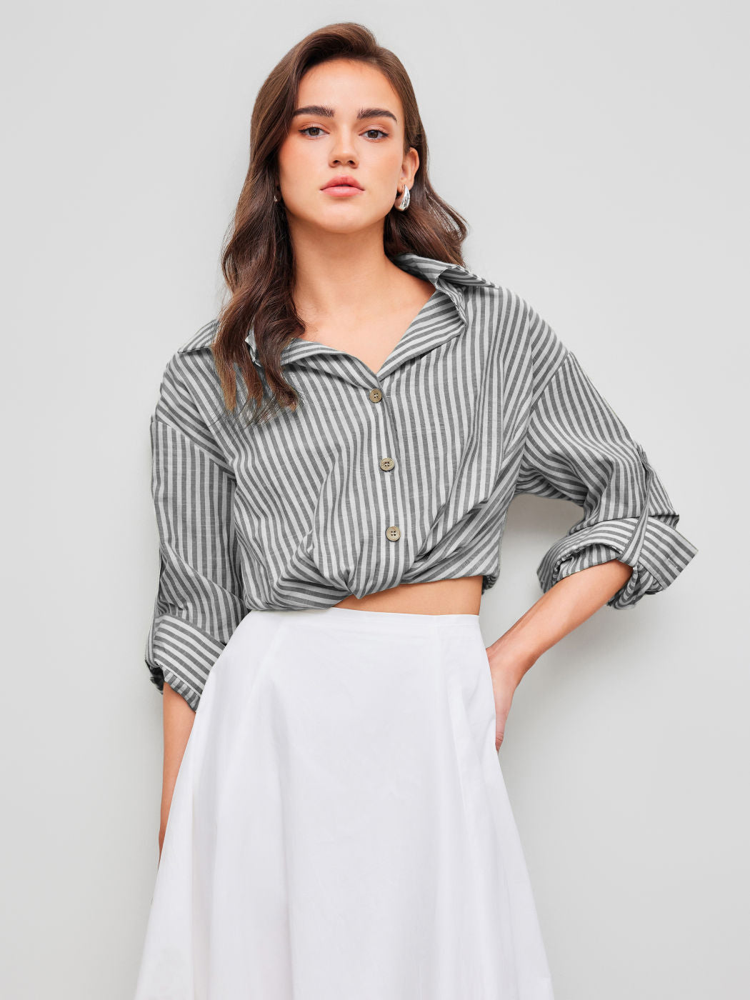 Cotton-blend Collar Striped Knotted Roll-up Long Sleeve Shirt