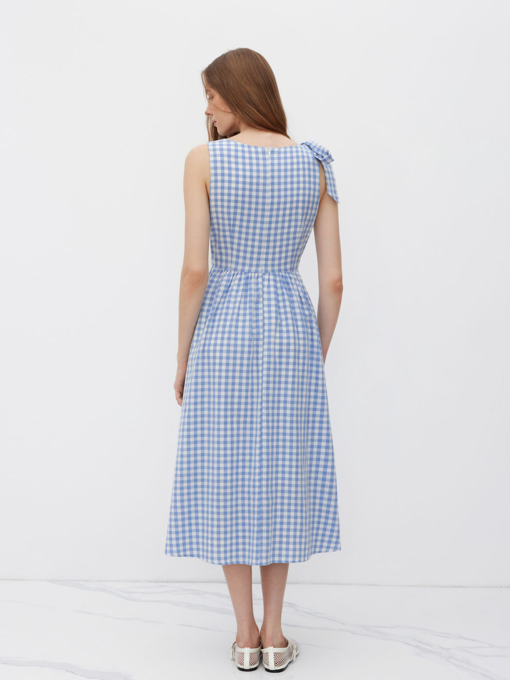 Cotton Boat Neck Gingham Bowknot Midi Dress