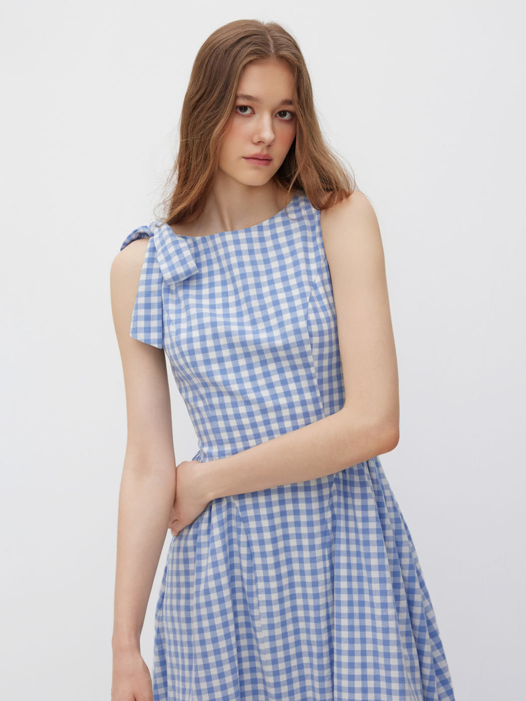 Cotton Boat Neck Gingham Bowknot Midi Dress