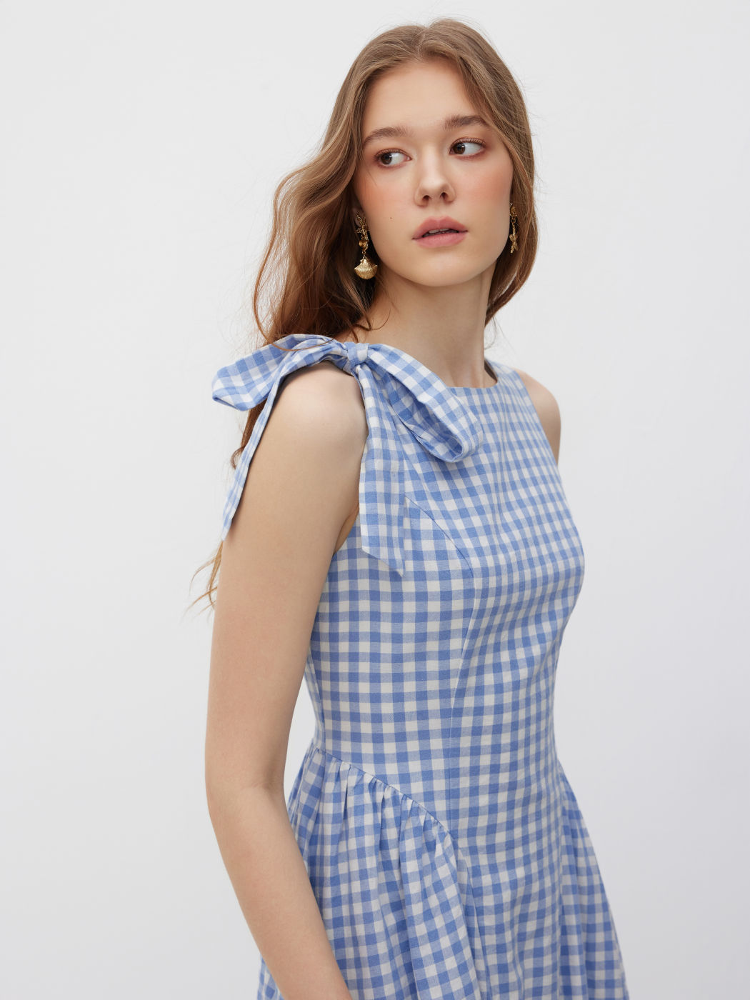 Cotton Boat Neck Gingham Bowknot Midi Dress