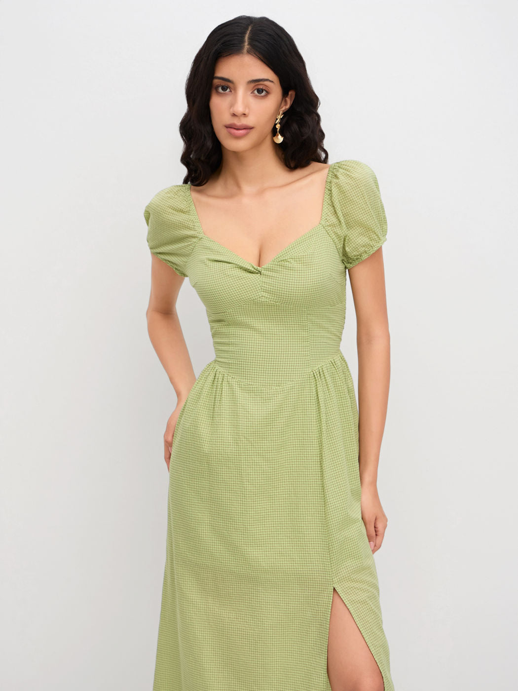 Cotton-blend V-neck Check Twist Split Midi Dress