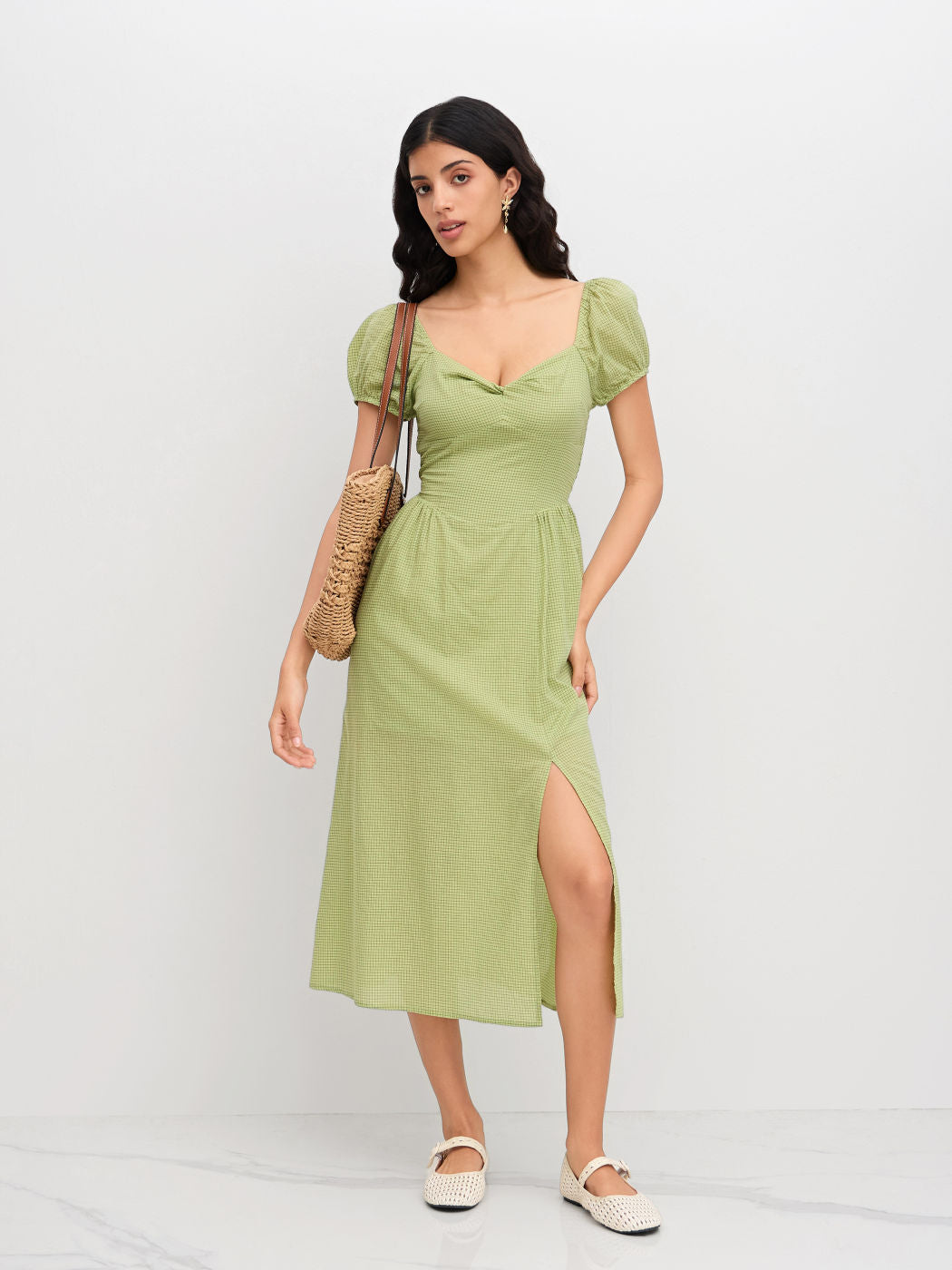 Cotton-blend V-neck Check Twist Split Midi Dress